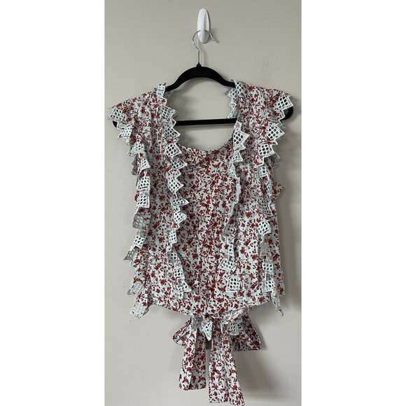 Anthropologie Blue Tassel Women Floral Cotton Trina Bow Blouse Top Size XL NEW - Picture 3 of 10